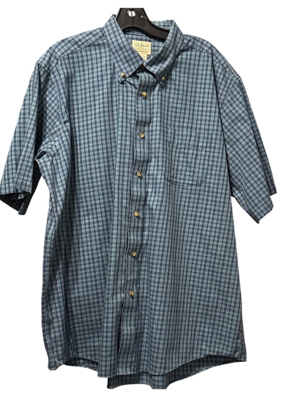 L.L. Bean Mens XL Blue Plaid Button-Down Short-Sleeve Shirt Cotton Front Pocket